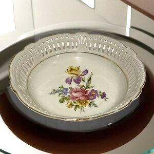 Vintage Schwarzenhammer Bavaria Reticulated Bowl Dish 7" Colorful Floral Germany
